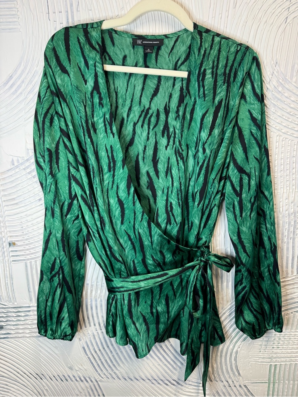 INC International Concepts Emerald Green Black Animal-Print Wrap Blouse N0571
